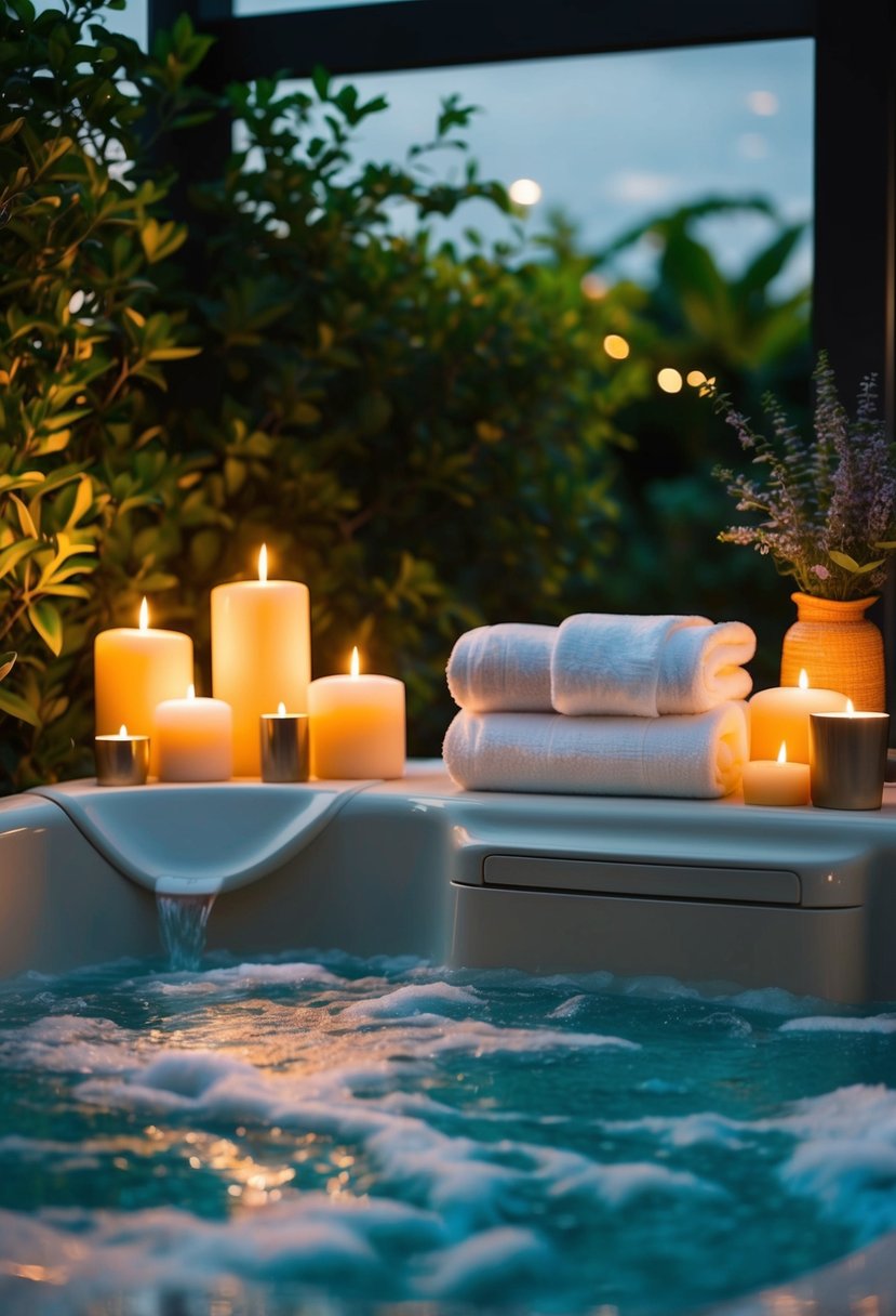 A serene spa with a bubbling hot tub, plush robes, and aromatic candles, surrounded by lush greenery and soft ambient lighting