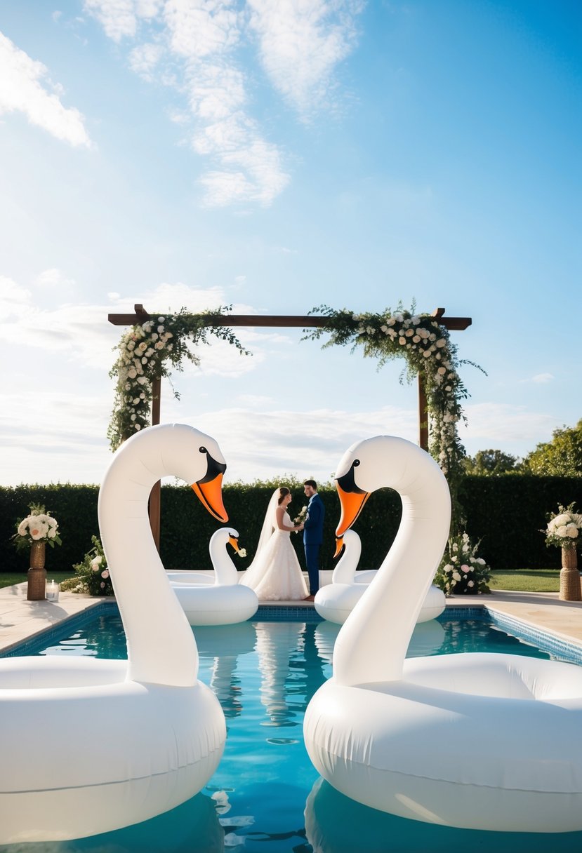 A wedding ceremony taking place in a pool, with giant inflatable swans floating around as part of the decor