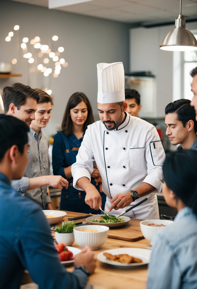 A chef demonstrating cooking techniques to a small group of students in a well-equipped kitchen studio