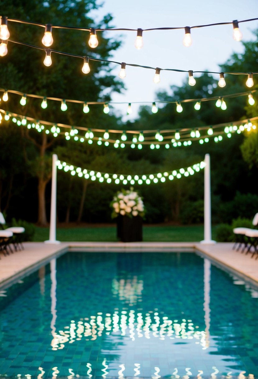 String lights hung over a tranquil pool, creating a romantic and enchanting atmosphere for a wedding celebration