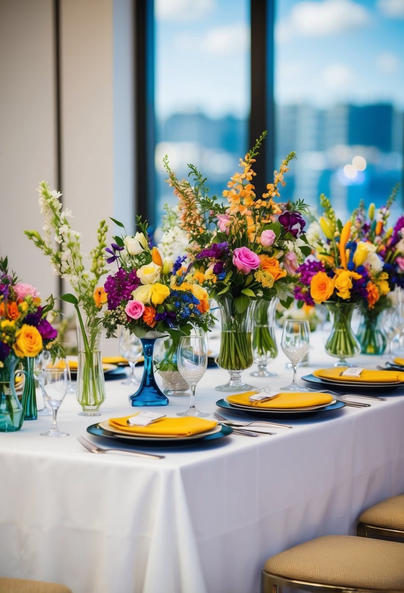 A table set with a white tablecloth and adorned with a variety of colorful and elegant floral arrangements in glass vases of different shapes and sizes