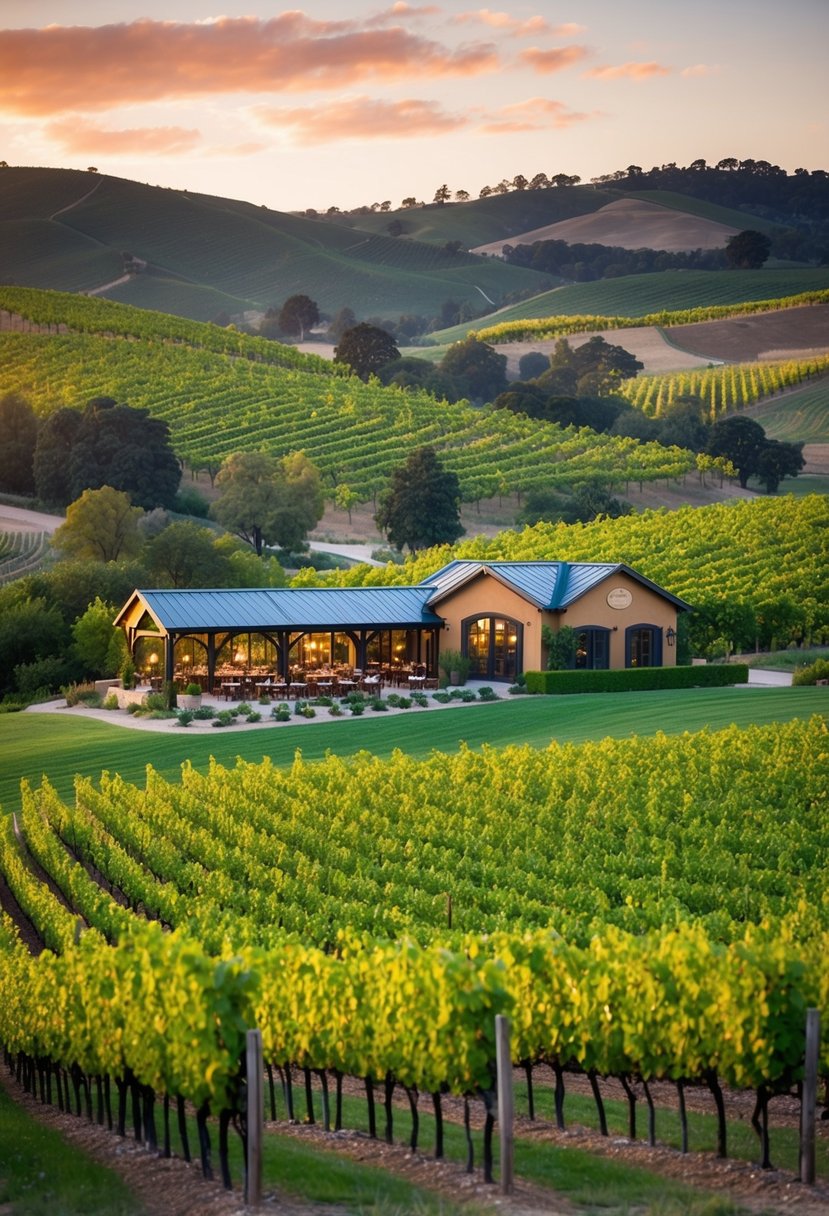 Lush vineyard with rolling hills, grapevines, and a charming tasting room nestled among the picturesque landscape of Napa Valley