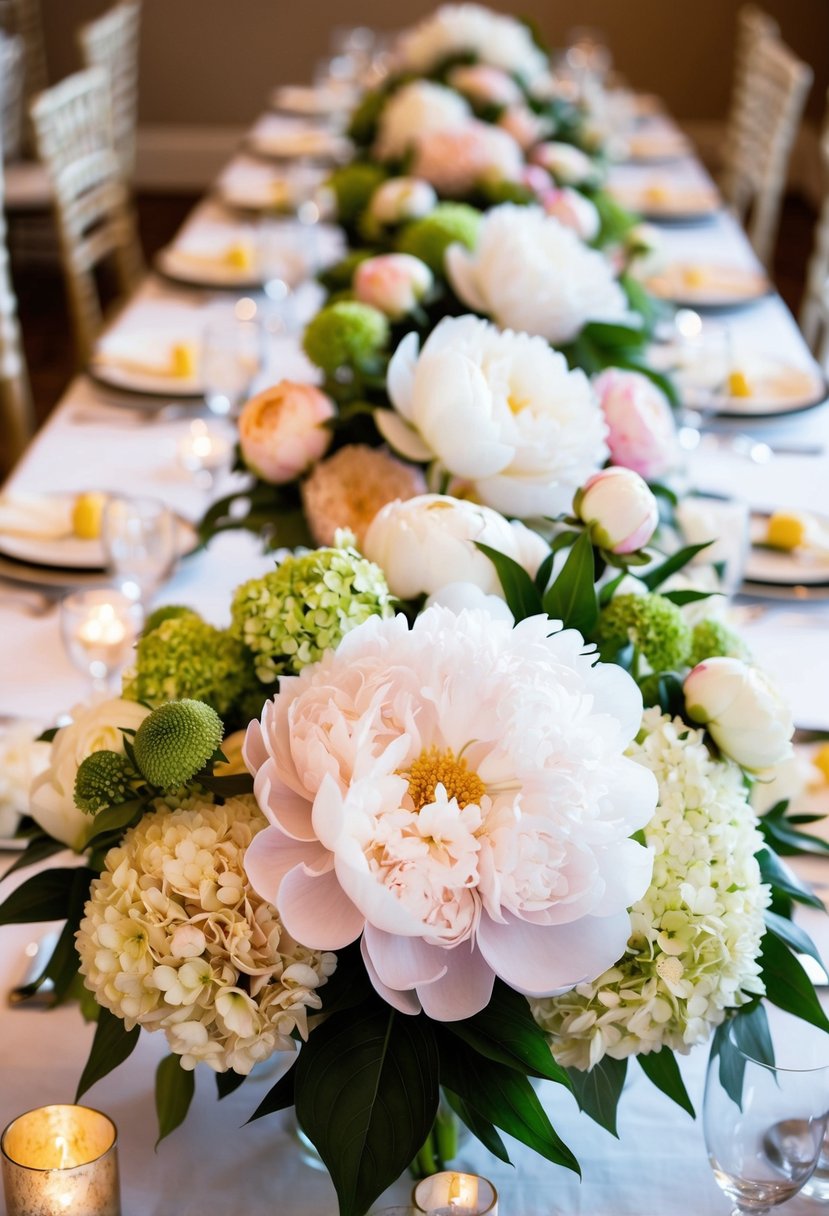 Lush peonies and hydrangeas adorn a wedding table, creating a lavish floral arrangement