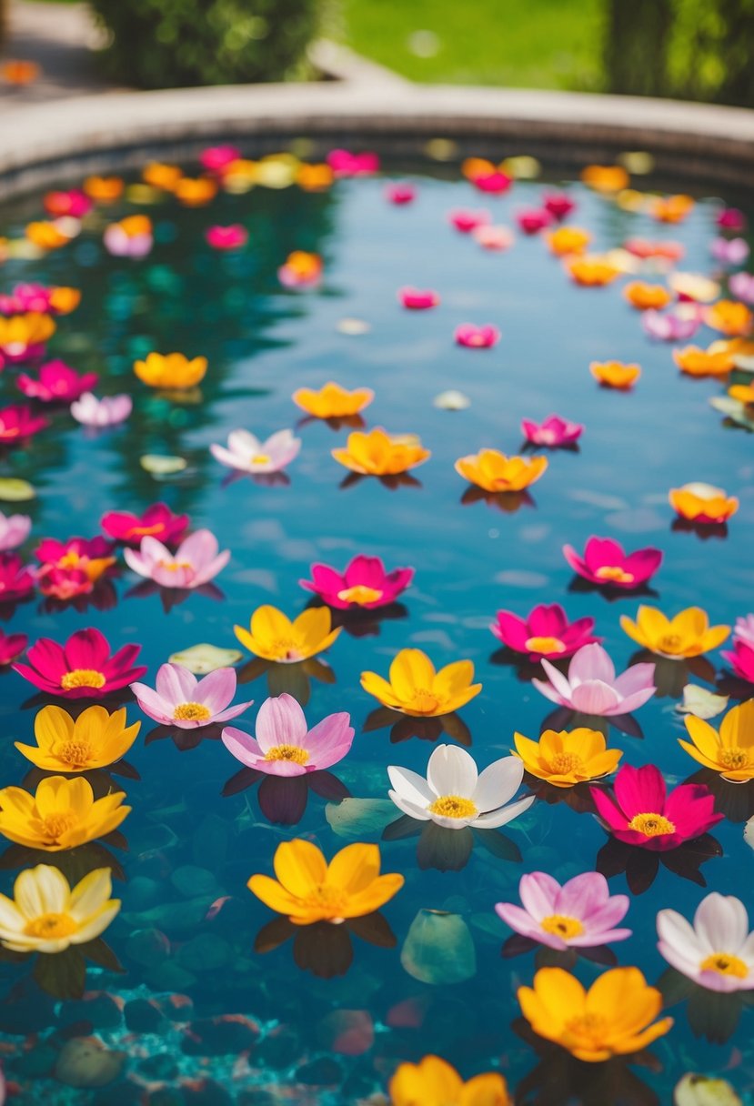 Vibrant flower petals float on clear water, surrounding a central pool