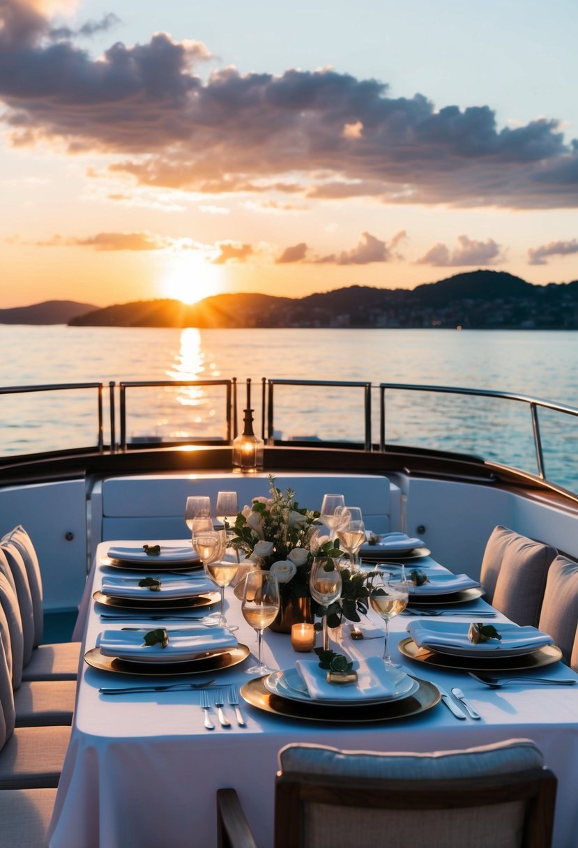 A luxurious private yacht dinner cruise at sunset with a beautifully set table, elegant decor, and a romantic ambiance