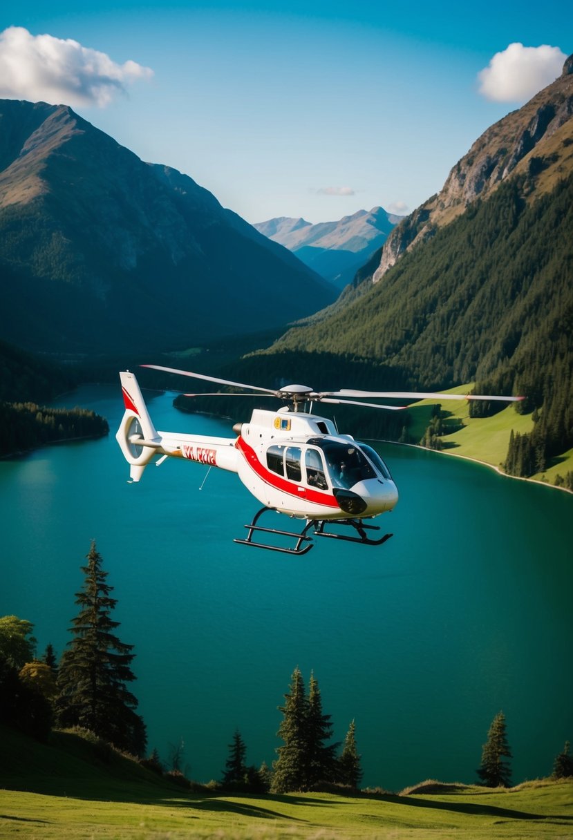 A helicopter flies over lush green mountains and sparkling lakes