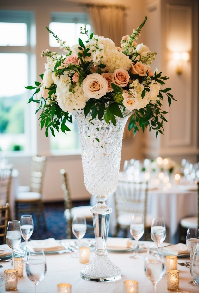 An elegant tall crystal vase holds a stunning floral wedding table centerpiece