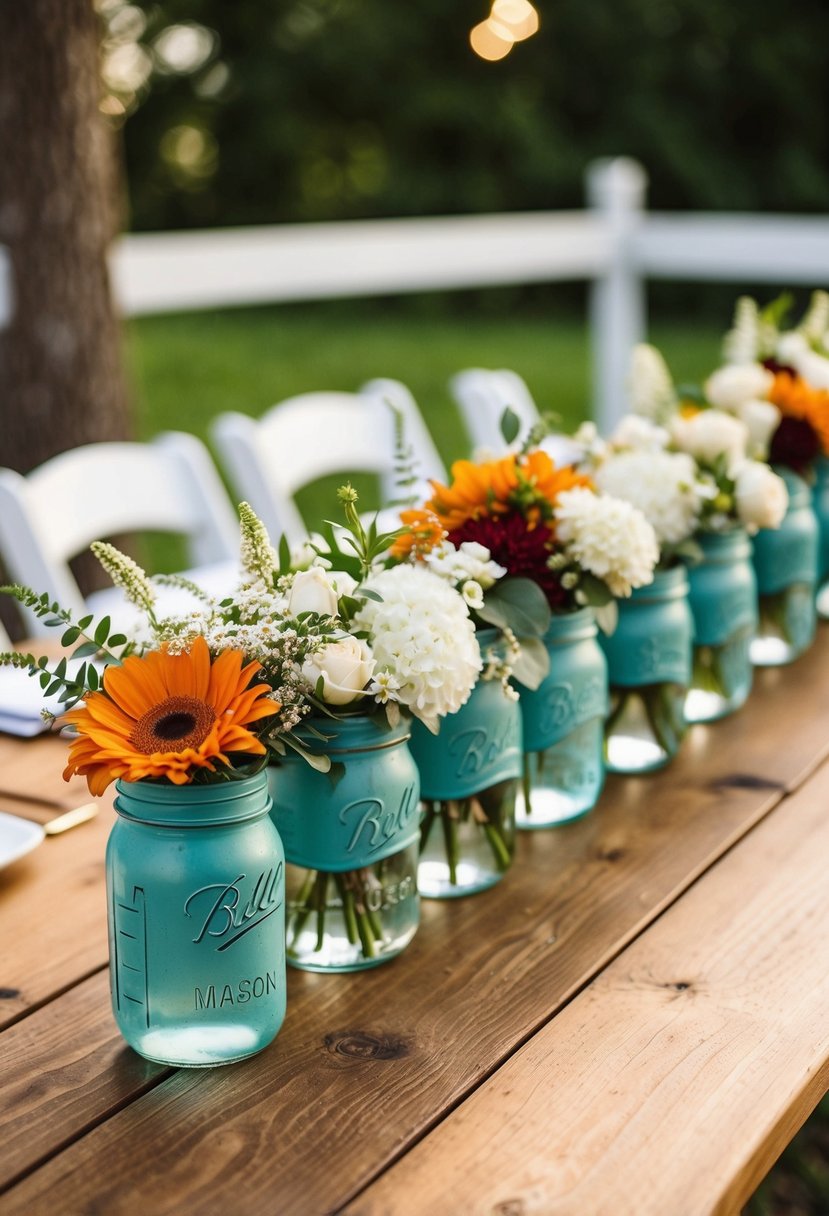 A wooden table adorned with mason jar floral arrangements in a rustic wedding setting