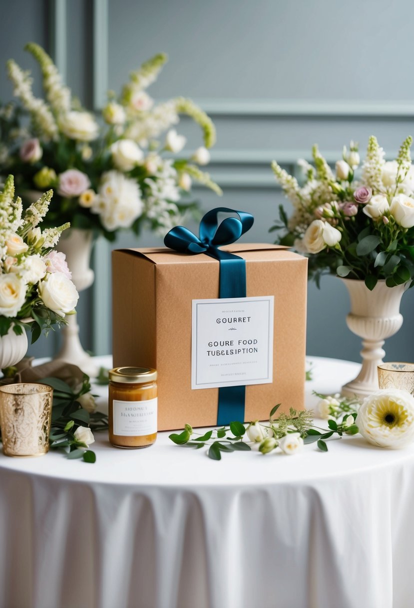 A beautifully wrapped gourmet food subscription box sits on a table, surrounded by elegant wedding decor and fresh flowers