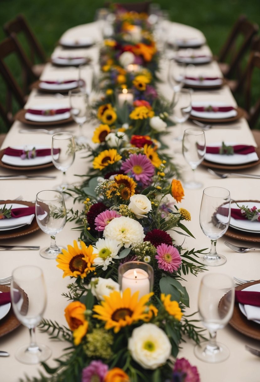 A whimsical wedding table adorned with wildflower table runners and floral decorations