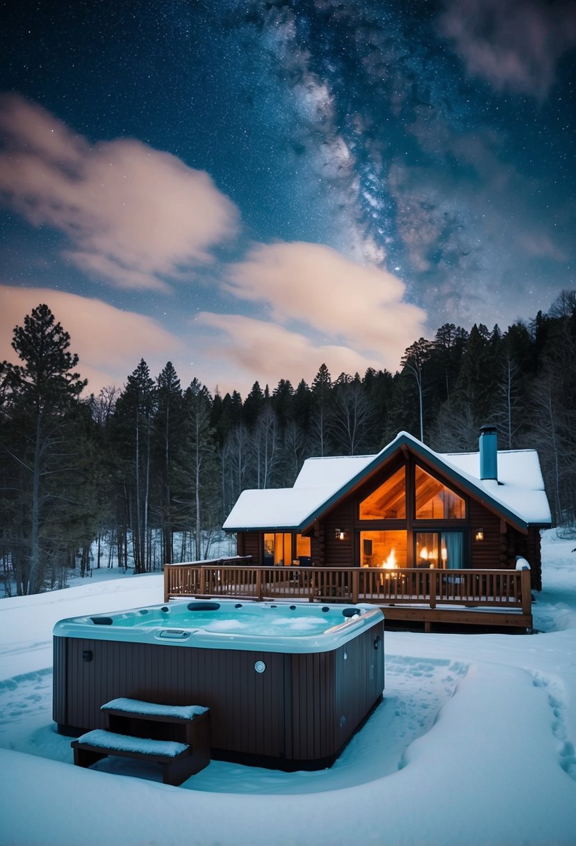 A cozy cabin nestled in a snowy forest, with a warm fire burning and a hot tub on the deck under a starry sky