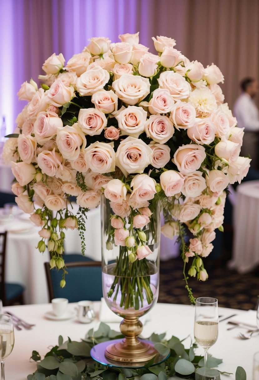 A lush arrangement of pastel roses cascading from a glass vase atop a wedding reception table