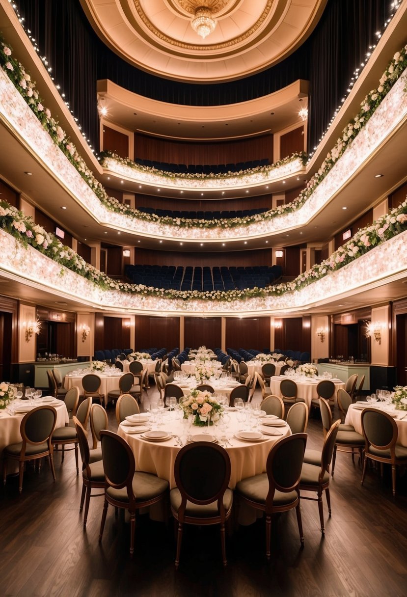 A grand theater with elegant dining tables set on stage, surrounded by twinkling lights and floral arrangements