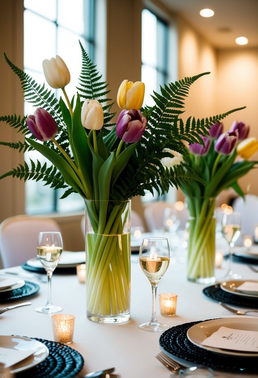 A low-profile centerpiece featuring tulips and ferns adorning a wedding table