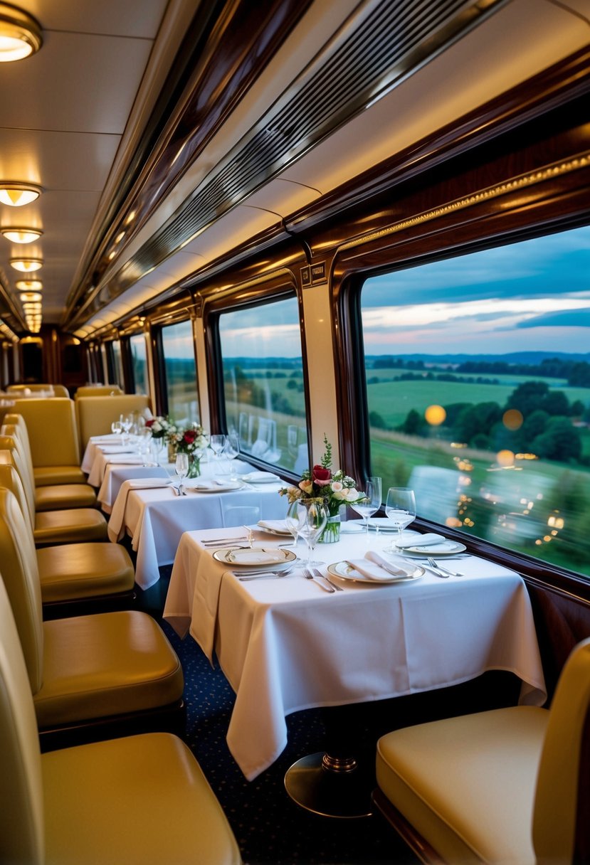 A luxurious dining car on a scenic train journey, with elegant tables set for a romantic dinner, surrounded by breathtaking views of the countryside