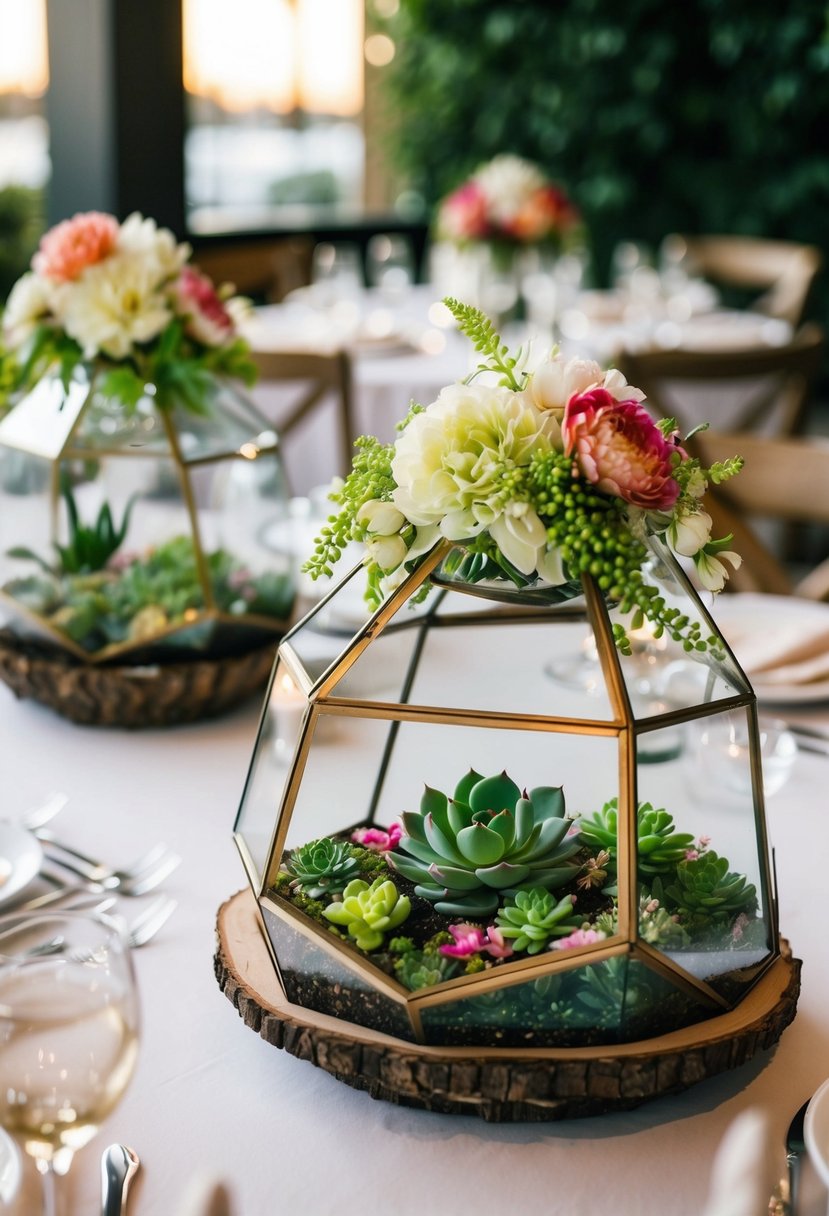 Lush succulent and floral terrariums adorn wedding tables