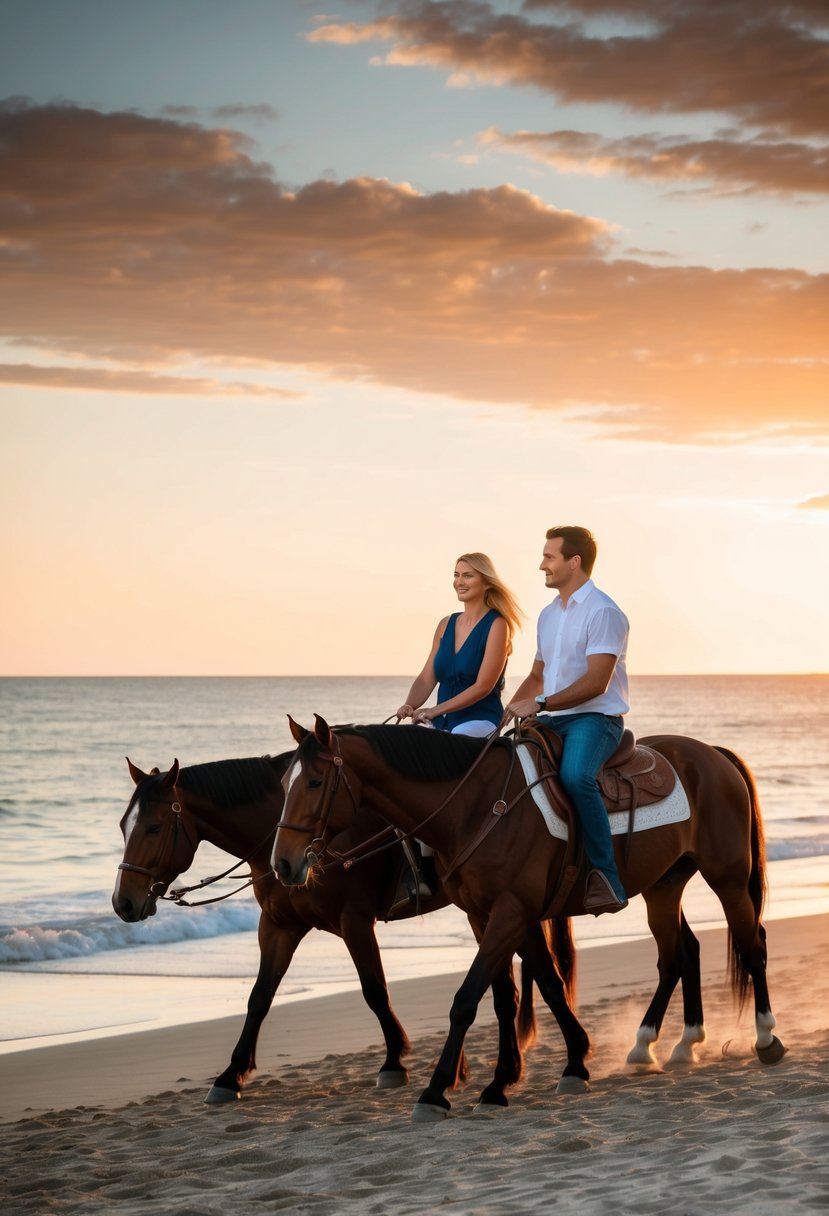 A couple rides horses along a beach at sunset, with the sky painted in warm hues and the ocean glistening in the fading light