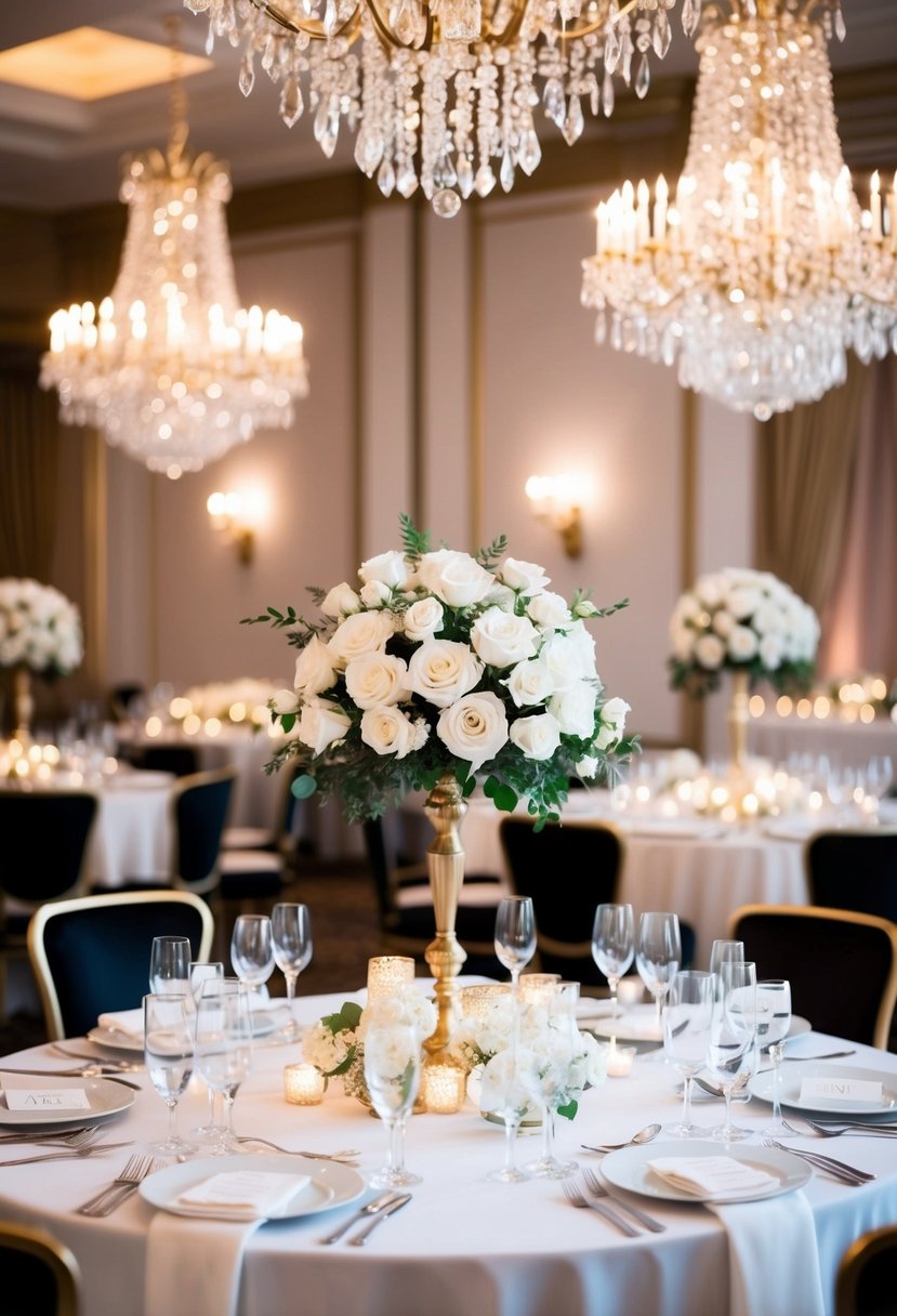 An elegant wedding reception with white roses, crystal chandeliers, and gold accents