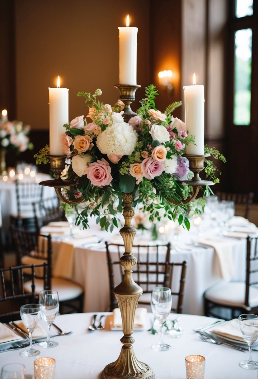 A vintage candelabra adorned with blooming floral arrangements serves as a stunning centerpiece for a wedding table