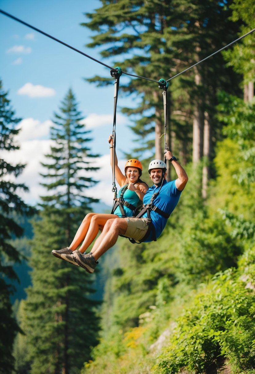 A couple ziplining through a lush forest, surrounded by towering trees and a clear blue sky, with the thrill of adventure evident on their faces