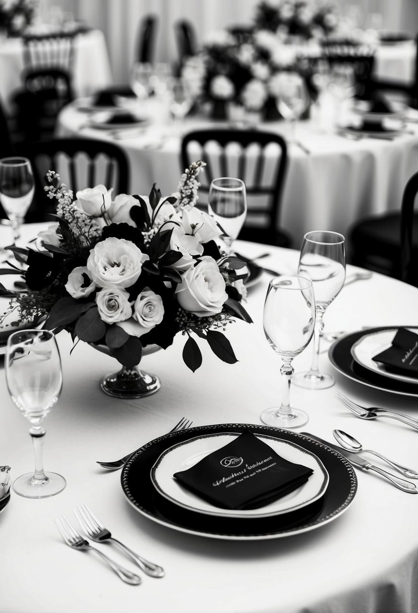 A black and white wedding table setting with elegant floral centerpieces and classic china dinnerware