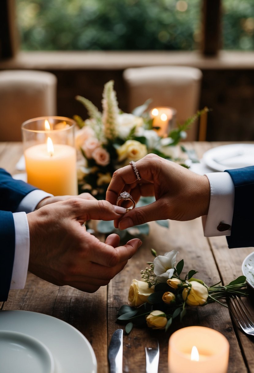 A couple's hands exchanging wedding rings on a rustic wooden table with soft candlelight and floral decorations