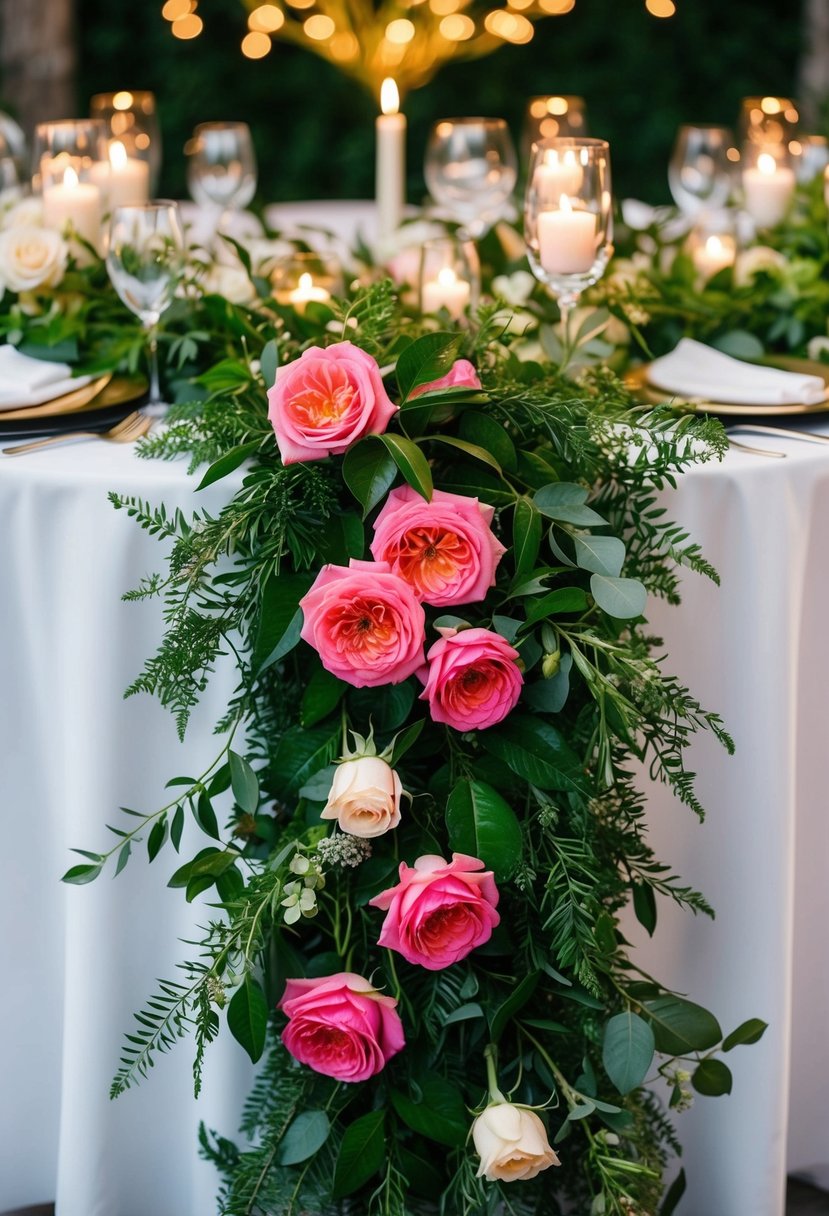 Lush greenery garlands adorned with vibrant roses cascade down a wedding table, creating a romantic and enchanting atmosphere