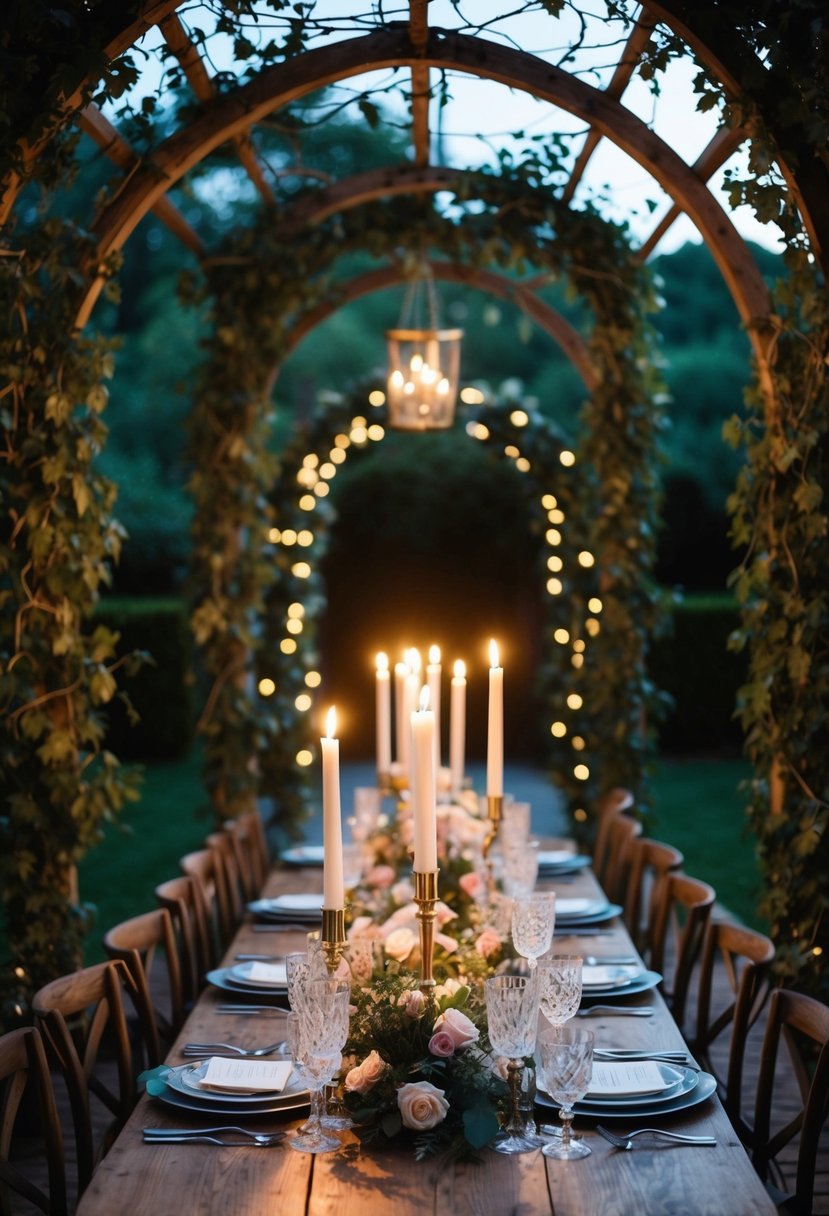 A candlelit, vine-draped archway frames a wooden table set with crystal glassware and delicate floral arrangements