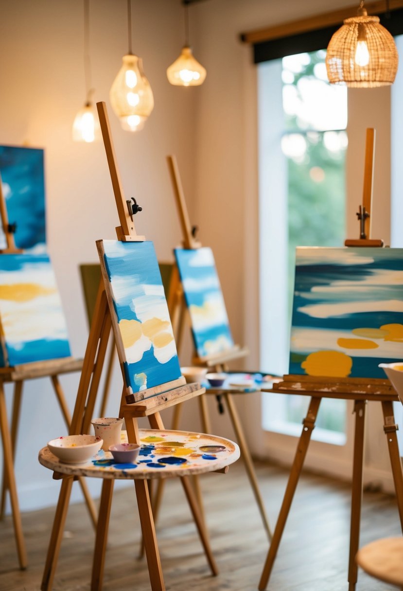 A cozy art studio with easels, paint palettes, and canvases set up for a couples' painting class. Warm lighting and romantic ambiance