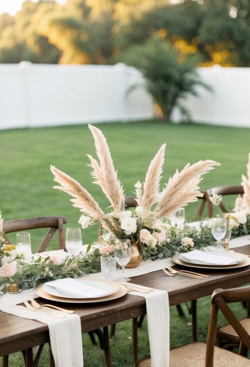 A boho-style wedding table adorned with pampas grass and floral accents