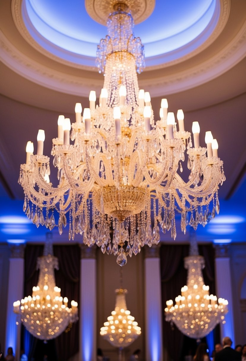 An opulent chandelier illuminates a grand ballroom, casting a warm and romantic glow over an elegant wedding reception