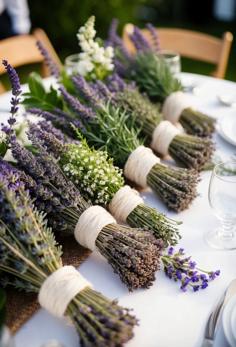 Lavender and herb bundles arranged on a wedding table with delicate floral accents