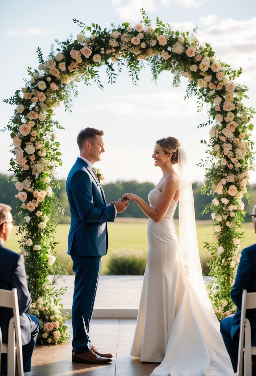 A bride and groom standing beneath a floral arch exchanging personalized wedding vows