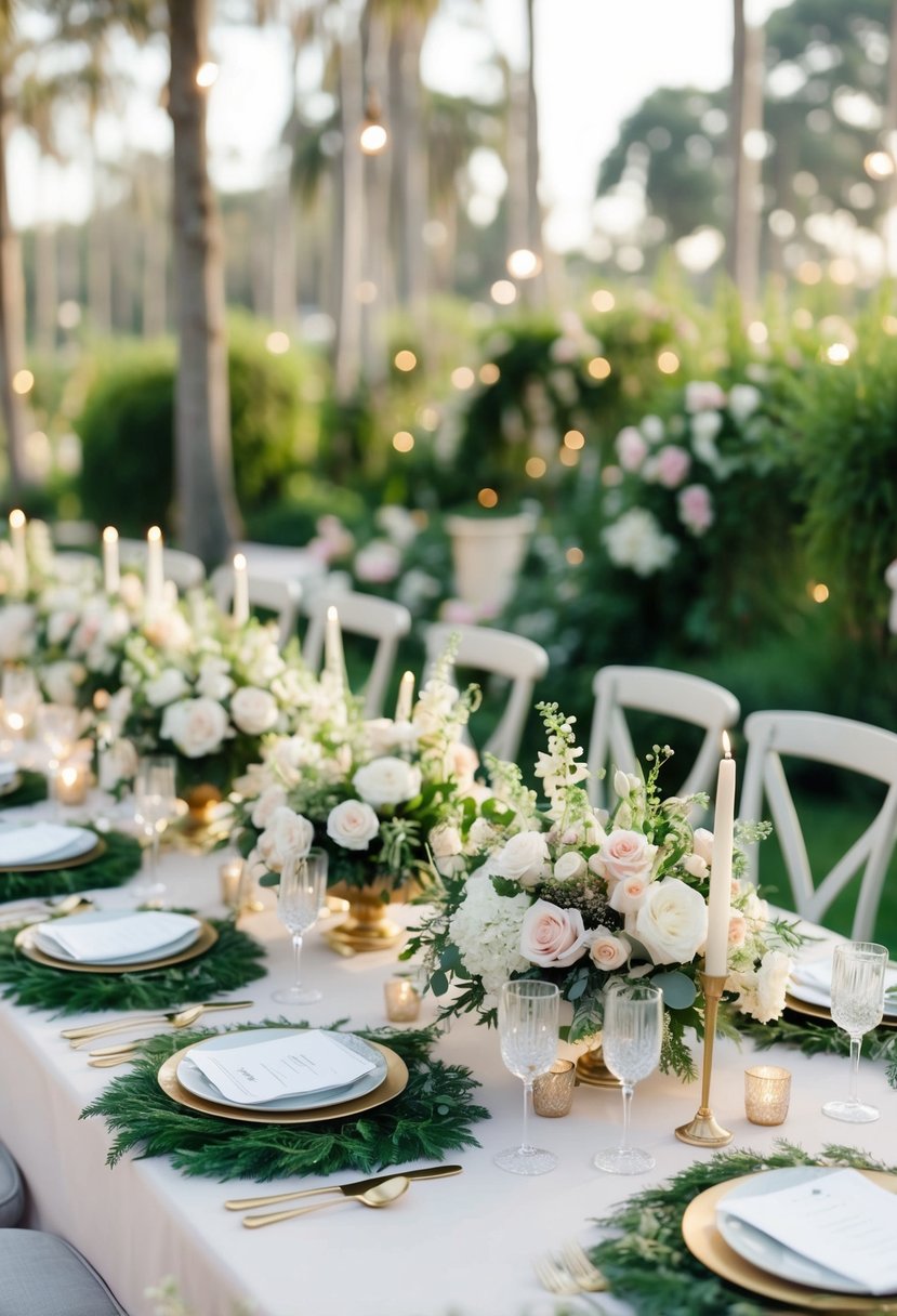 A table adorned with ornate floral wreaths, elegant place settings, and delicate floral decorations for a wedding celebration