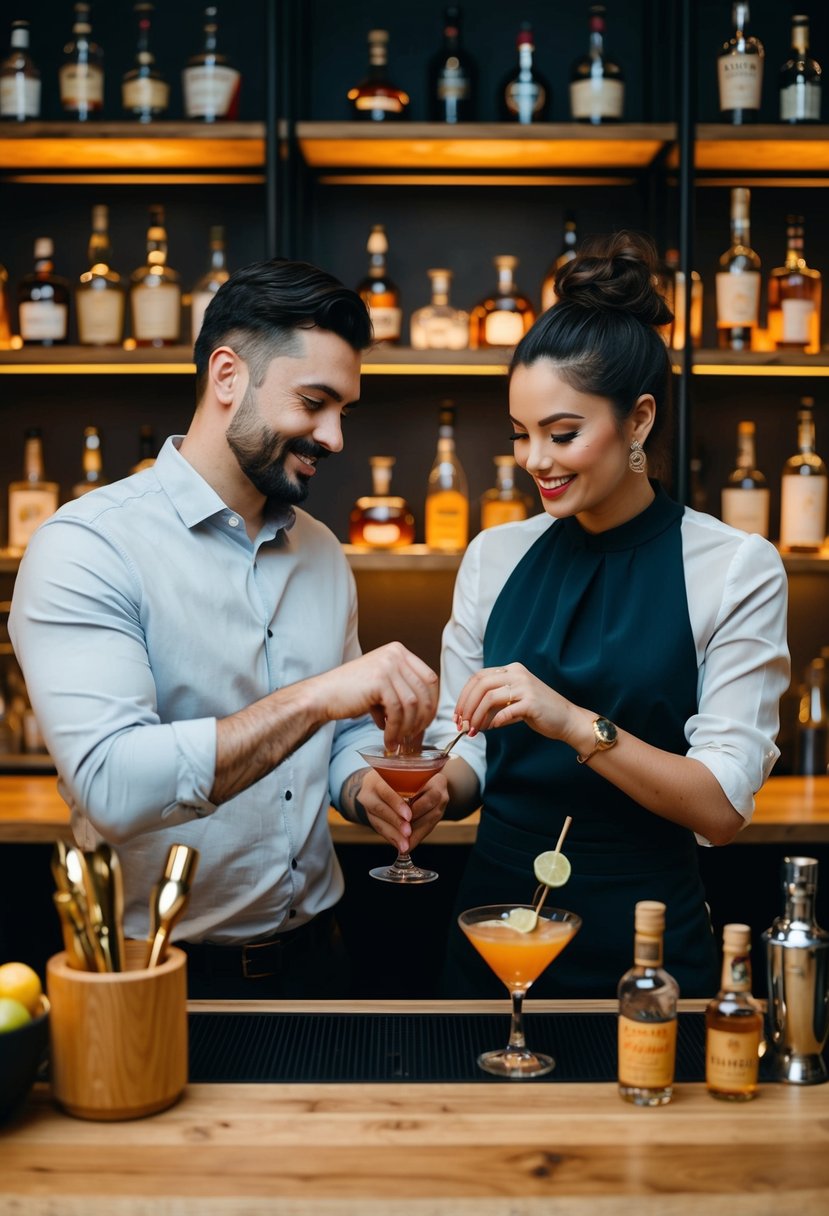 A mixologist demonstrates cocktail making to a couple in a cozy, dimly lit setting with shelves of liquor bottles in the background