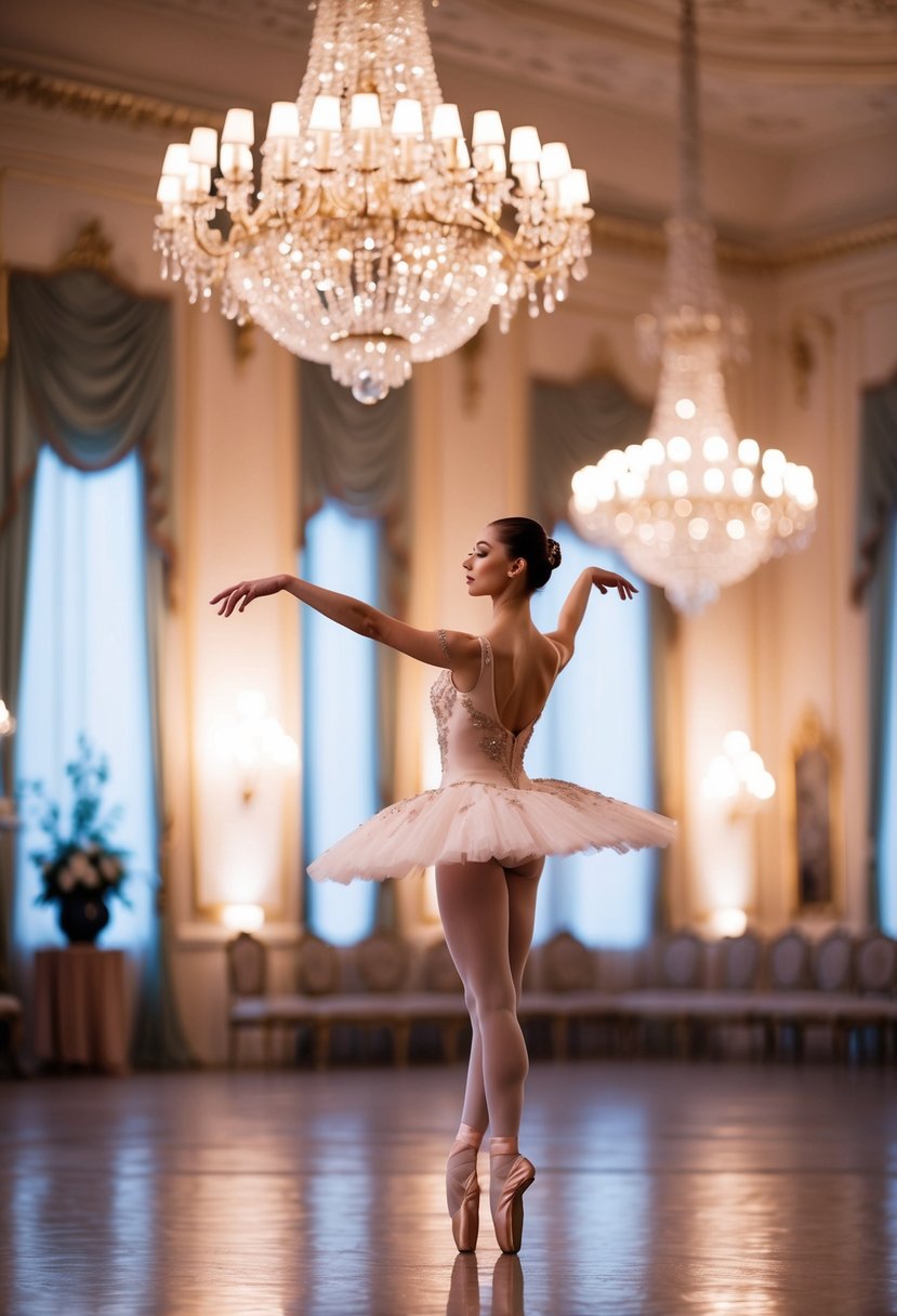 A graceful ballerina performs a delicate ballet routine in a grand ballroom adorned with opulent decor and soft, romantic lighting