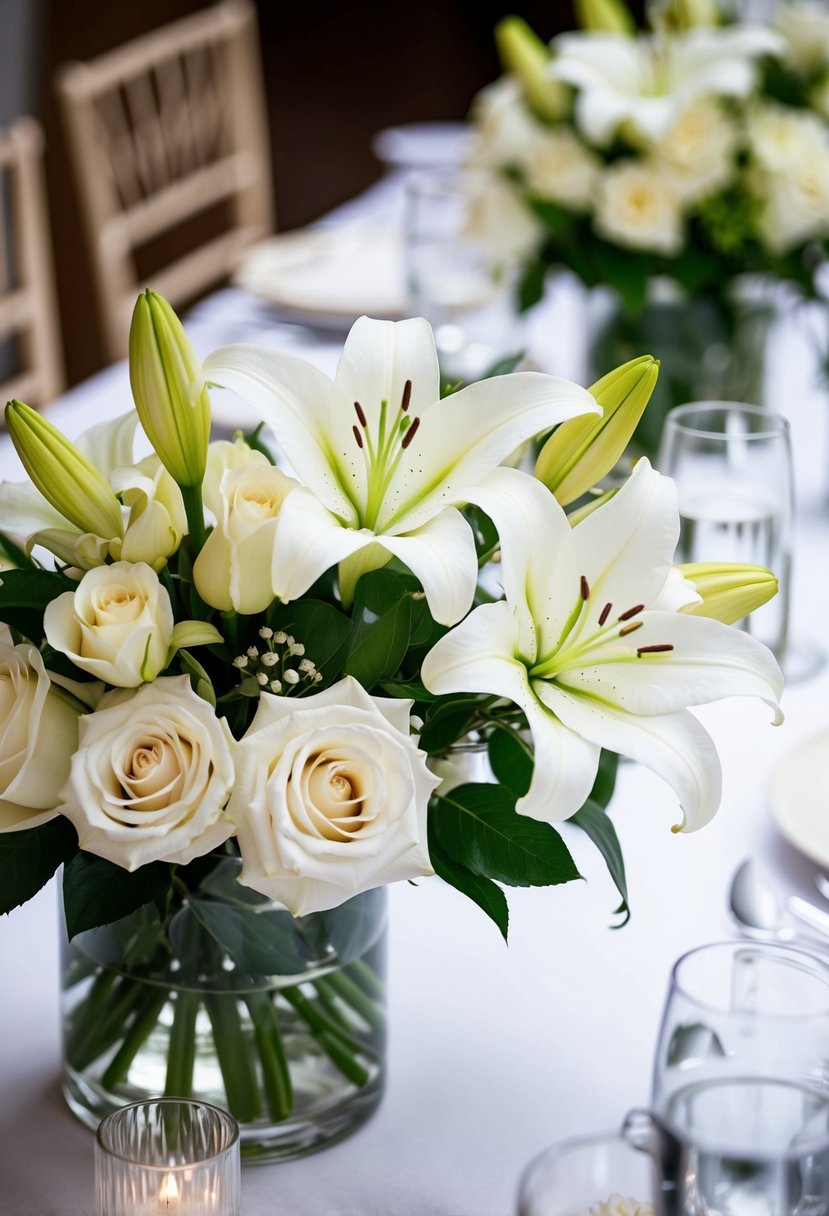 A white lily and rose centerpiece adorns a wedding table with elegance