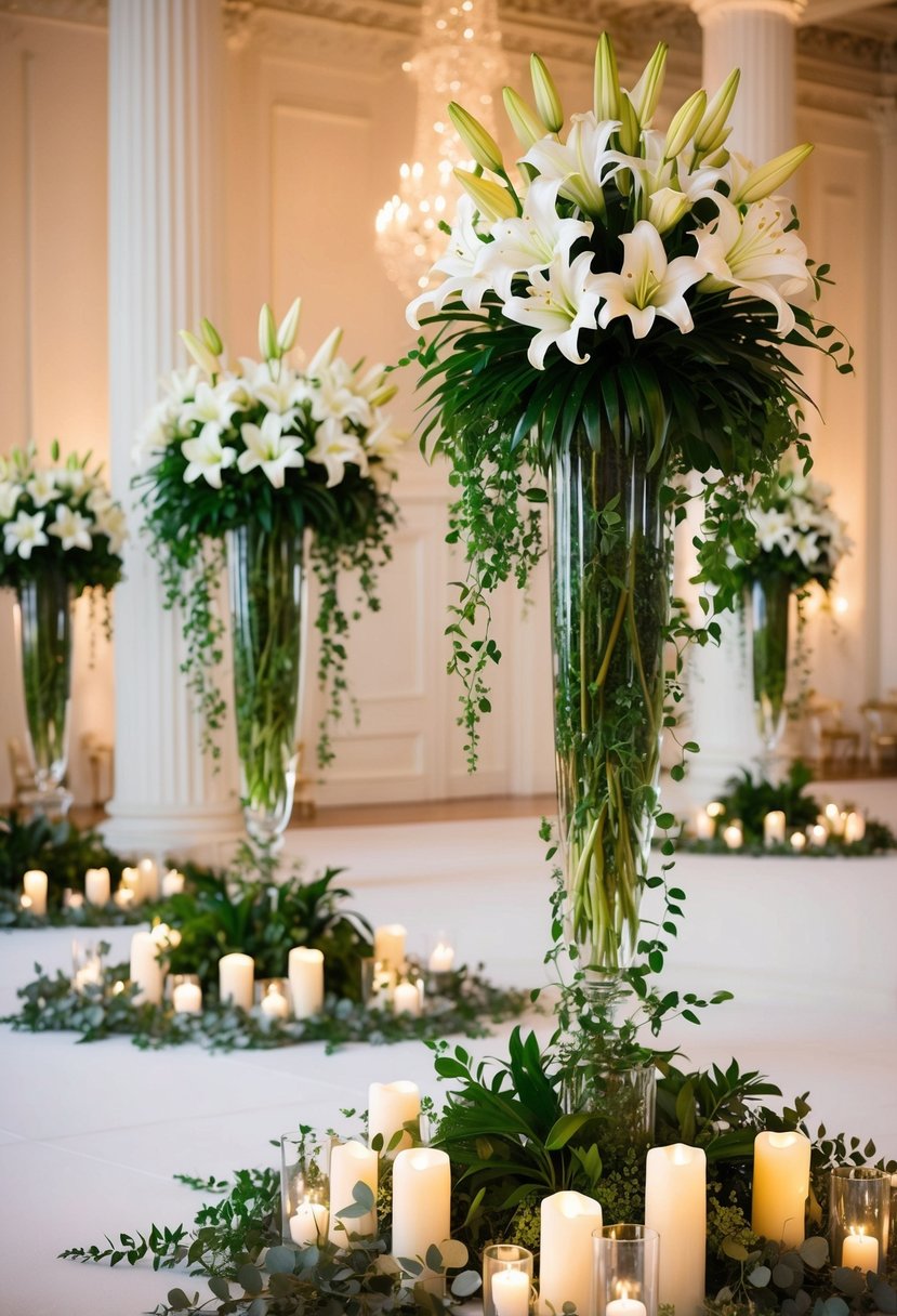 A grand ballroom with tall vases of white lilies and cascading greenery, surrounded by soft candlelight and delicate crystal accents