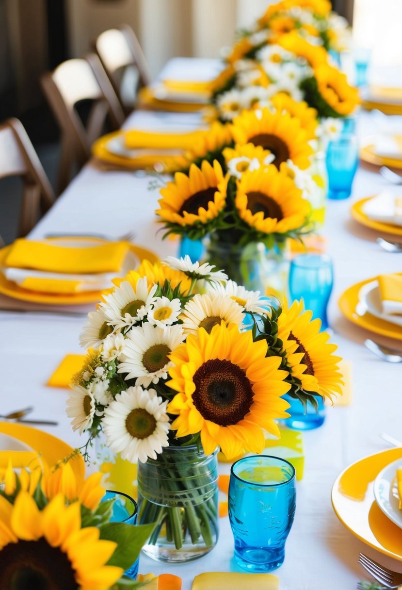 A vibrant floral wedding table with sunflowers and daisies arranged in bright and cheerful centerpieces