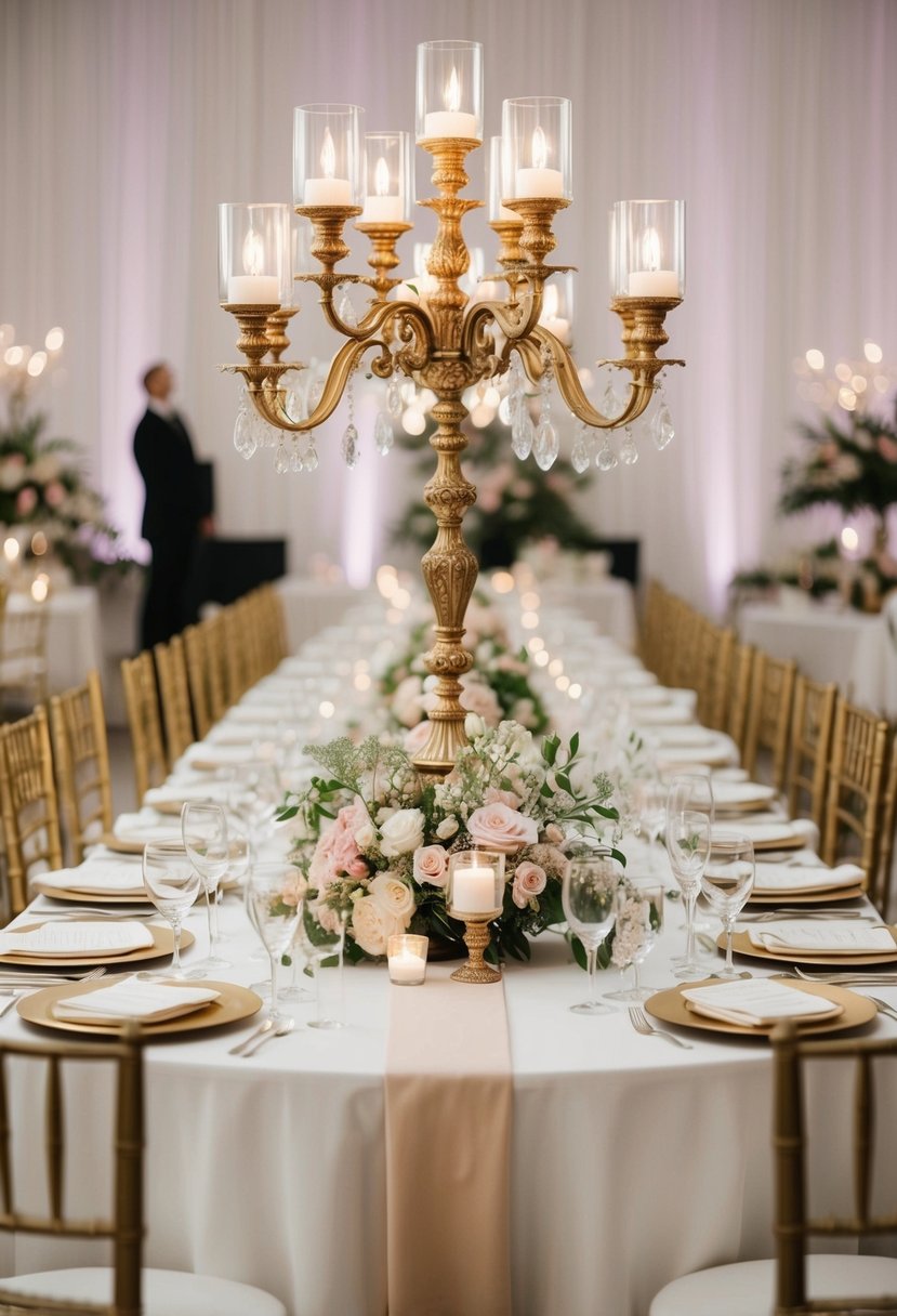 An ornate candelabra centerpiece atop a long, white linen-covered table, surrounded by delicate floral arrangements and sparkling glassware