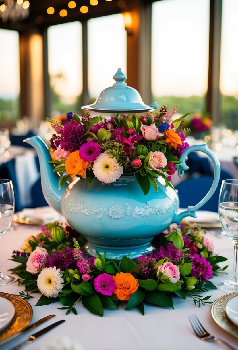 An antique teapot overflowing with vibrant floral displays, serving as a centerpiece for a romantic wedding table decoration