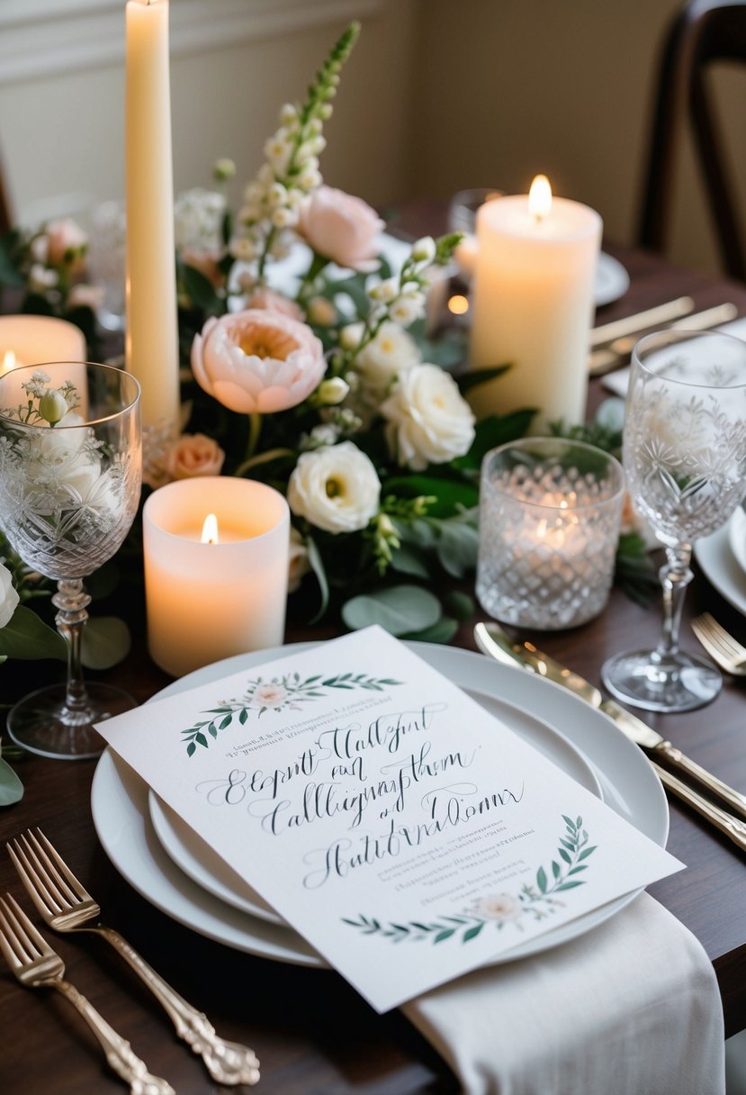 A table set with elegant calligraphy invitations, surrounded by delicate floral arrangements and soft candlelight