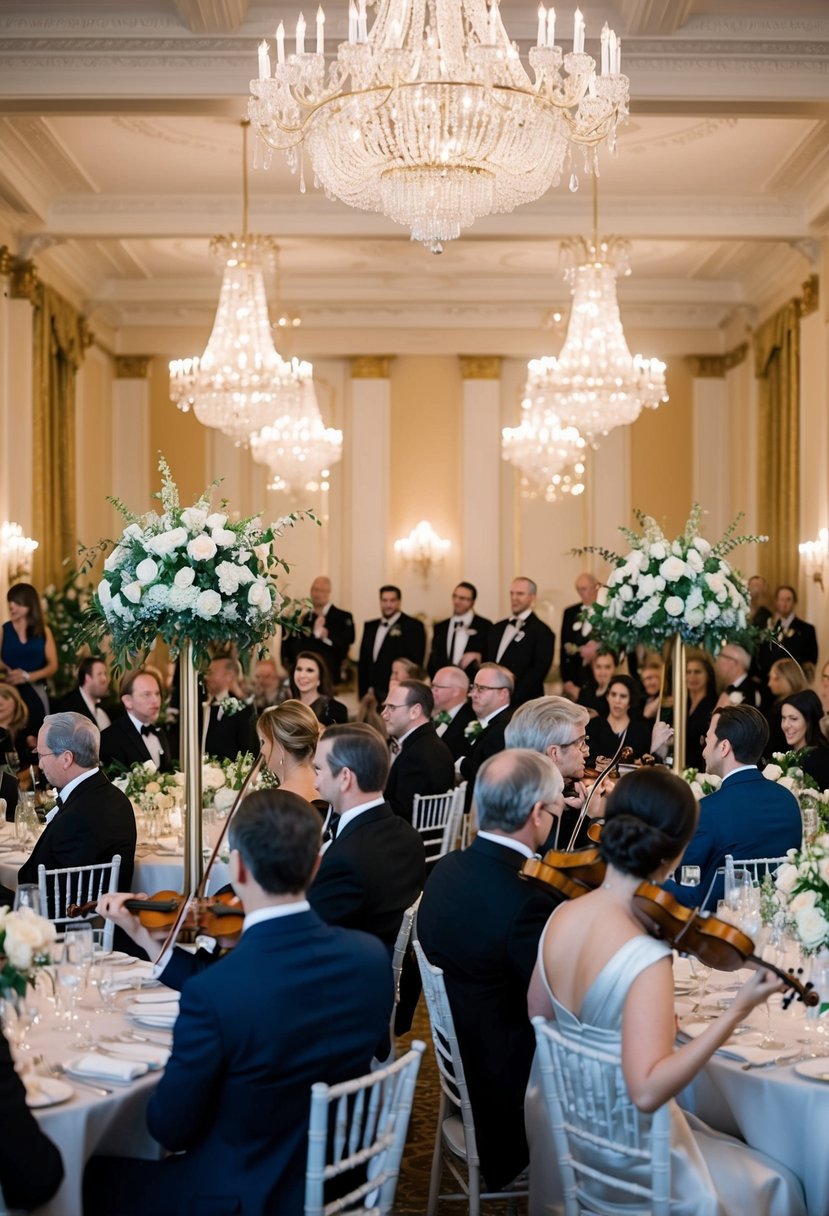 A grand ballroom adorned with chandeliers and floral arrangements, filled with guests in formal attire, listening to a string quartet playing classical music