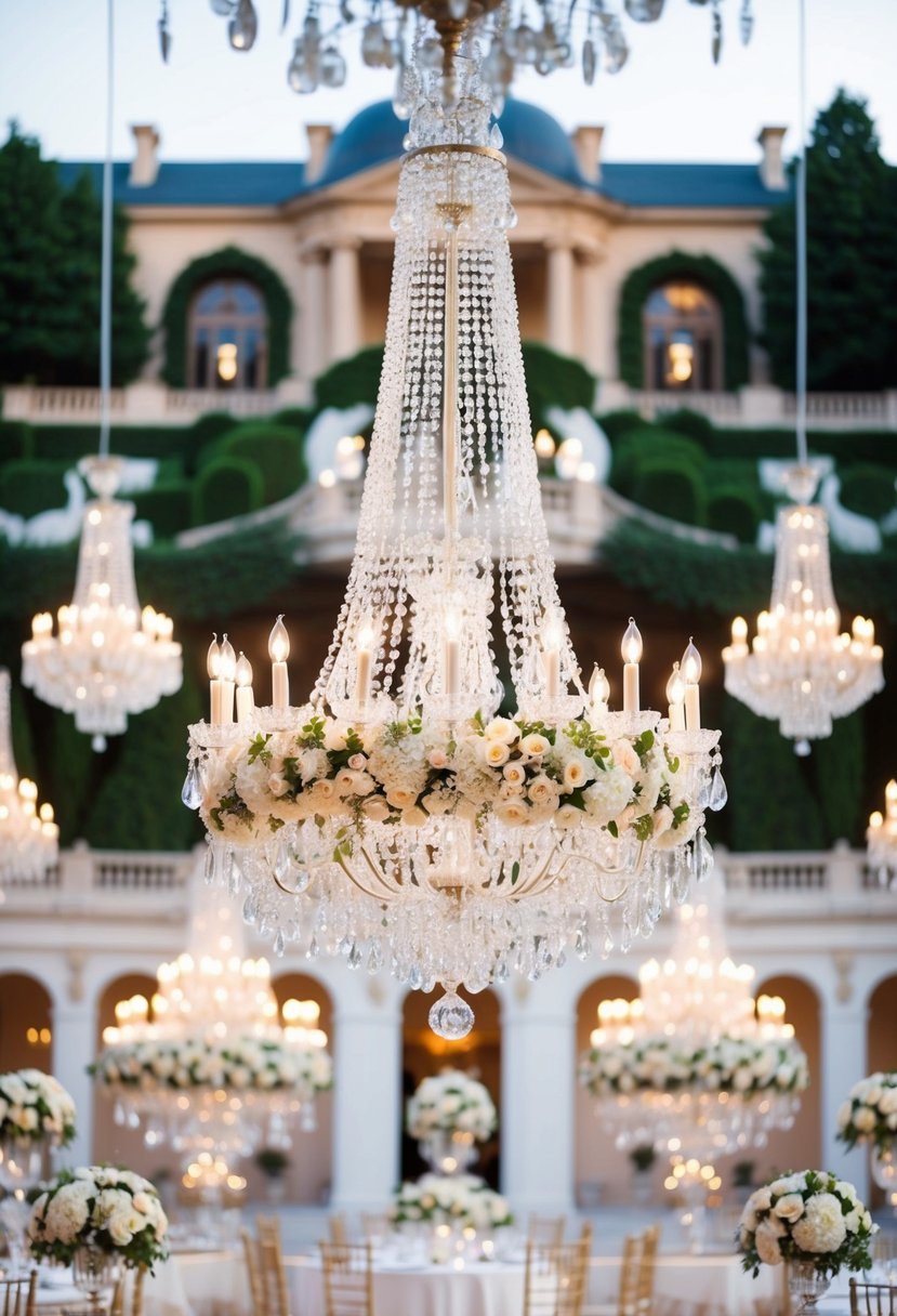 A grand ballroom adorned with crystal chandeliers and ornate floral arrangements, set against a backdrop of opulent architecture and lush gardens