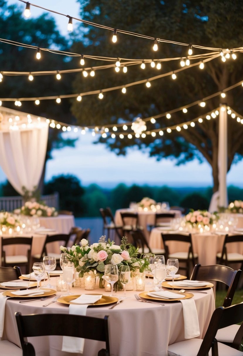 A romantic outdoor wedding reception with string lights, floral centerpieces, and elegant table settings