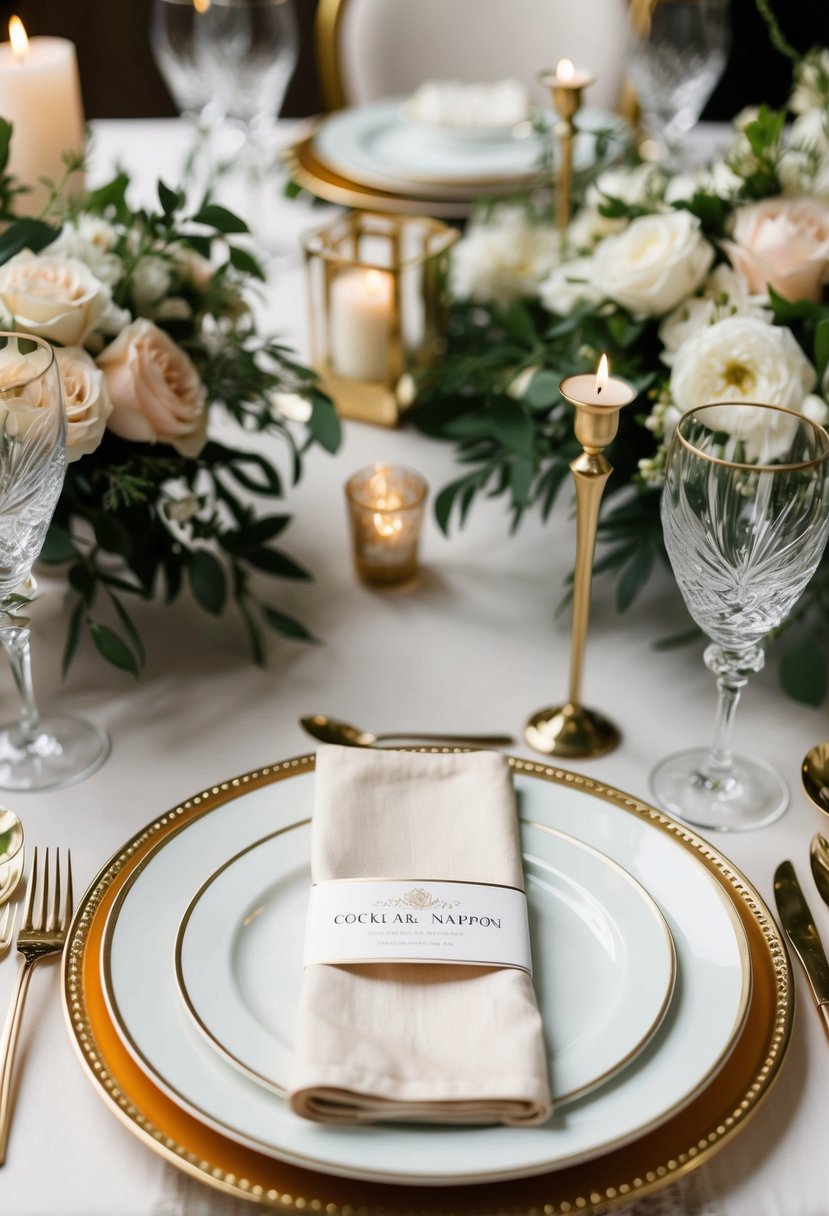 A table set with luxurious cocktail napkins, surrounded by elegant wedding decor and floral arrangements