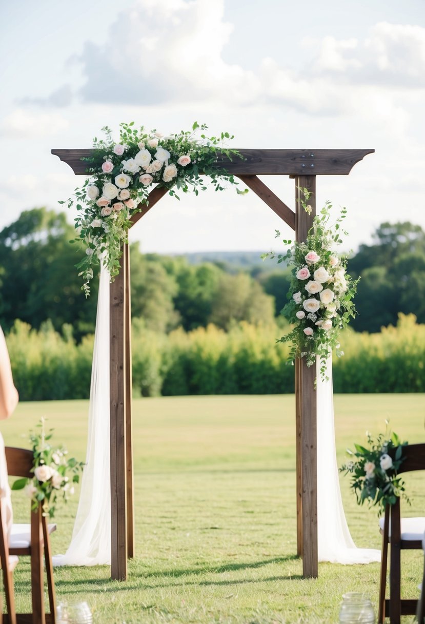 A rustic wooden arch stands adorned with flowers, set against a backdrop of lush greenery and open skies, creating a serene setting for outdoor wedding ceremonies