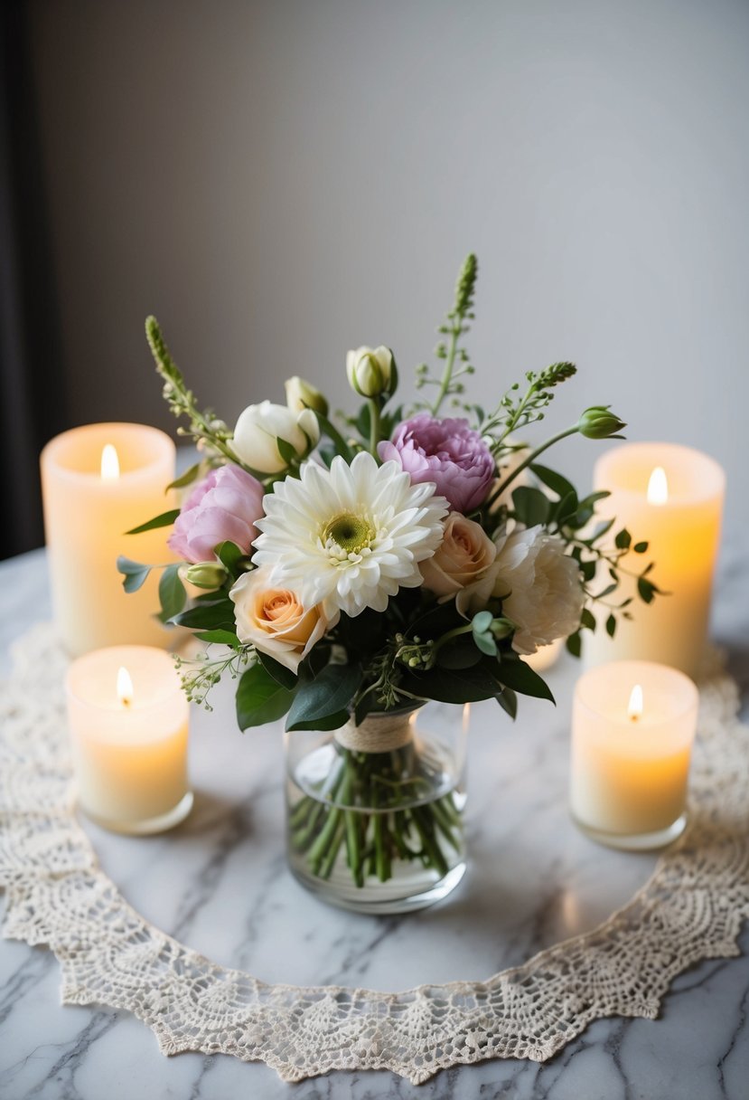 A single flower bouquet sits on a marble table, surrounded by soft candlelight and delicate lace