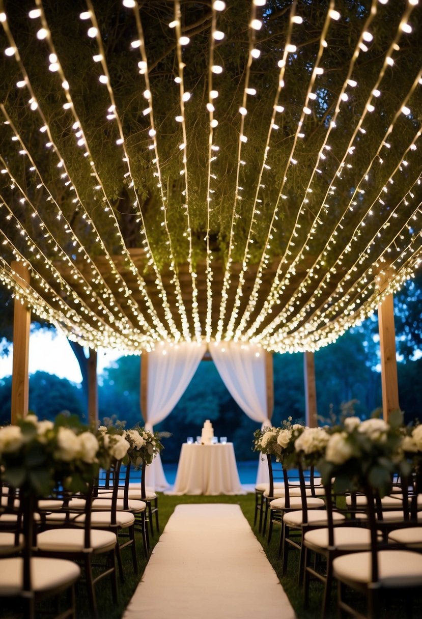 A canopy of twinkling fairy lights drapes over a romantic outdoor wedding setting, creating a magical and enchanting ambiance