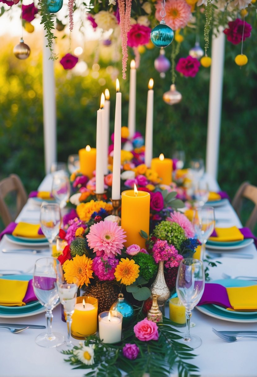 A colorful array of flowers, candles, and whimsical ornaments adorns the wedding table, creating a light-hearted and joyful atmosphere